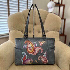 Auth. ANNA ANUSCHKA LTD Hand Painted Leather Paisley Satchel Bag